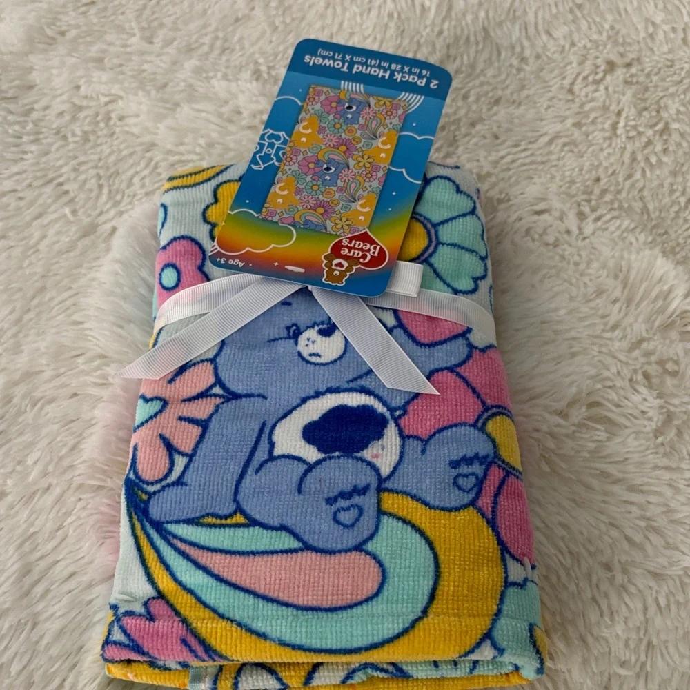 Care Bears ❤️ 🌈 Colorful Floral Hand Towels Grumpy and Sunshine Bear 🐻 NWT